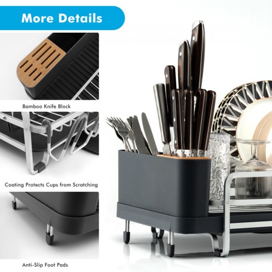 Honhorrs Expandable Aluminum Dish Rack, Drainboard with Sliding Swivel Spout and Separate Holders