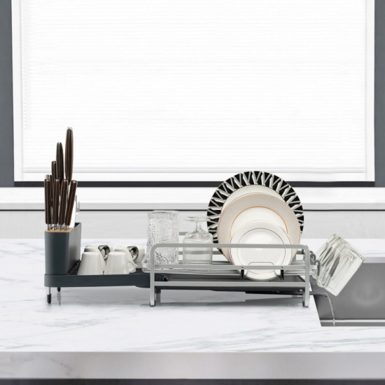 Honhorrs Expandable Aluminum Dish Rack, Drainboard with Sliding Swivel Spout and Separate Holders