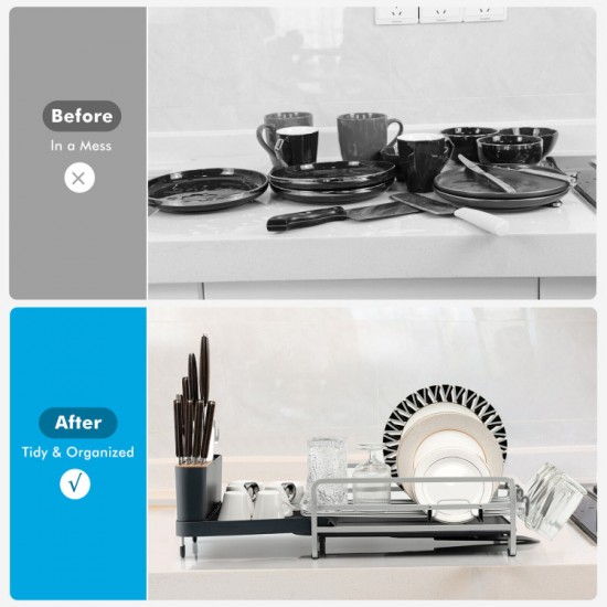 Honhorrs Expandable Aluminum Dish Rack, Drainboard with Sliding Swivel Spout and Separate Holders