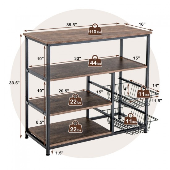 Honhorrs Kitchen Baker's Rack with Countertop, 3 Open Shelves and 2 Pull-Out Wire Storage Baskets
