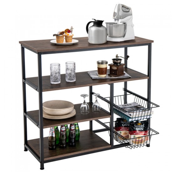 Honhorrs Kitchen Baker's Rack with Countertop, 3 Open Shelves and 2 Pull-Out Wire Storage Baskets