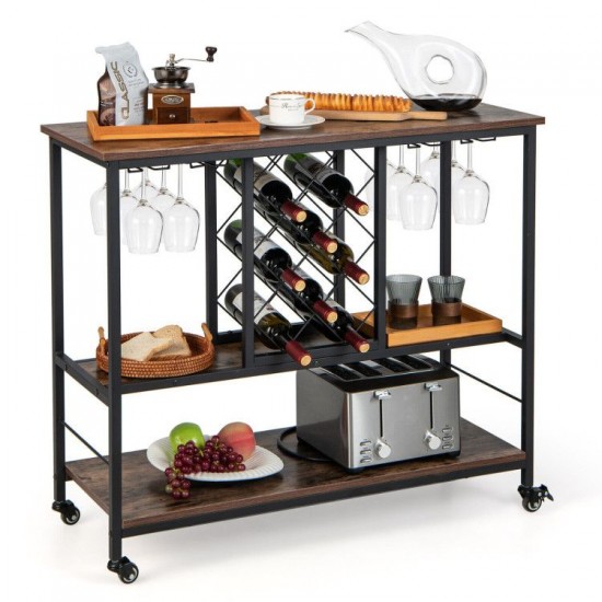 Honhorrs 3-Tier Rolling Wine Bar Cart with 8-Bottle Rack, 12-Glass Holders and Lockable Wheels