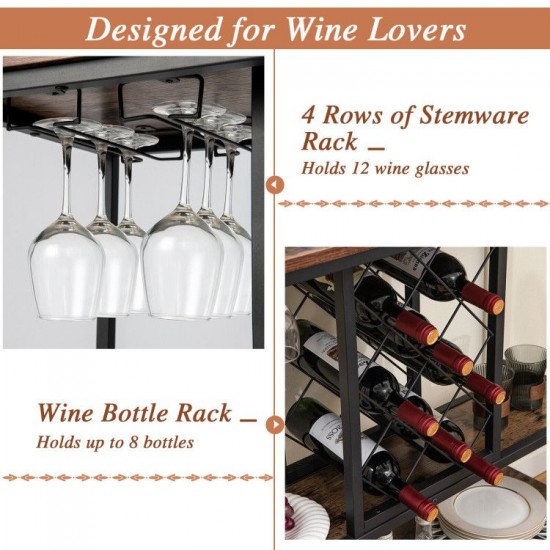 Honhorrs 3-Tier Rolling Wine Bar Cart with 8-Bottle Rack, 12-Glass Holders and Lockable Wheels