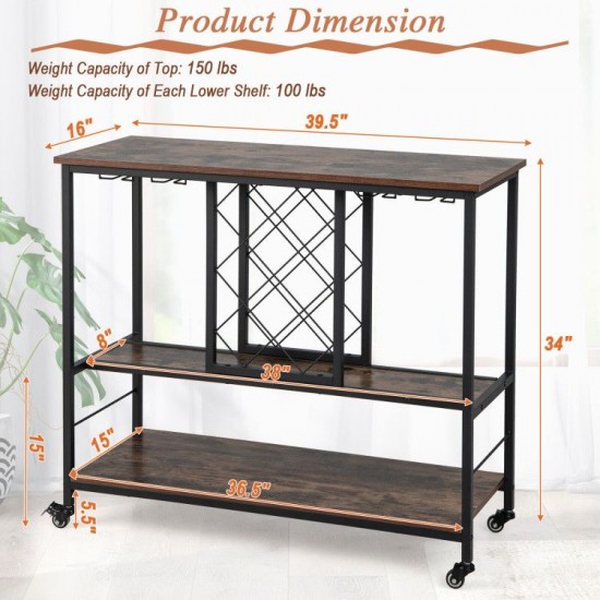 Honhorrs 3-Tier Rolling Wine Bar Cart with 8-Bottle Rack, 12-Glass Holders and Lockable Wheels