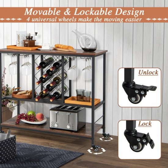 Honhorrs 3-Tier Rolling Wine Bar Cart with 8-Bottle Rack, 12-Glass Holders and Lockable Wheels