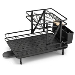 XVX Collapsible Two-Tier Dish Drainer with Removable Tray and 360-Degree Swiveling Drain Spout