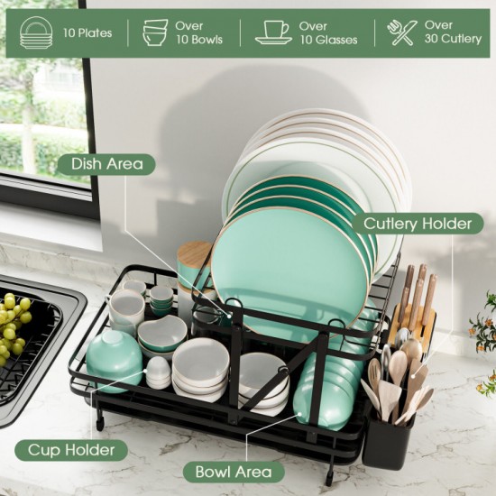 Honhorrs Collapsible Two-Tier Dish Drainer with Removable Tray and 360-Degree Swiveling Drain Spout