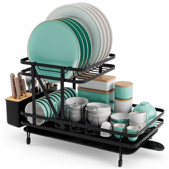 Honhorrs Collapsible Two-Tier Dish Drainer with Removable Tray and 360-Degree Swiveling Drain Spout
