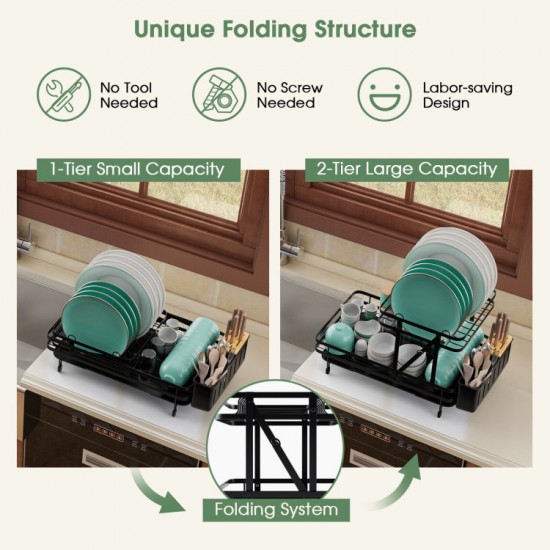 Honhorrs Collapsible Two-Tier Dish Drainer with Removable Tray and 360-Degree Swiveling Drain Spout