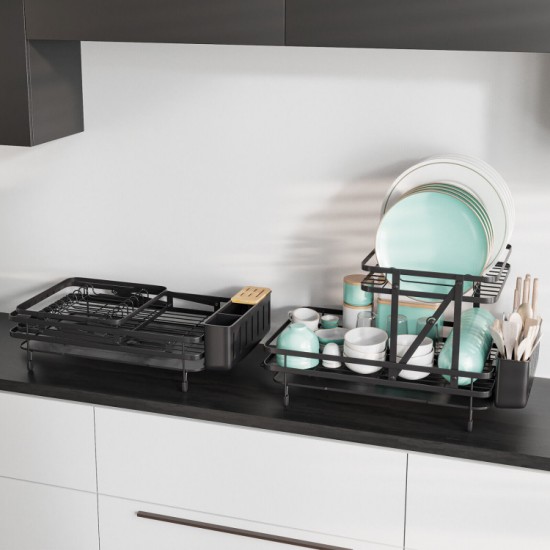 Honhorrs Collapsible Two-Tier Dish Drainer with Removable Tray and 360-Degree Swiveling Drain Spout