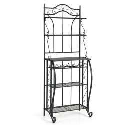 Honhorrs 5-Tier Kitchen Baker's Rack with Wooden Worktop, 4 Metal Shelves and 5-Bottle Wine Rack