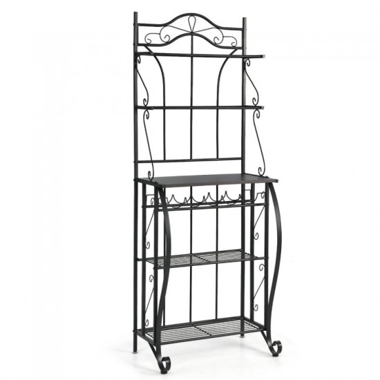 Honhorrs 5-Tier Kitchen Baker's Rack with Wooden Worktop, 4 Metal Shelves and 5-Bottle Wine Rack