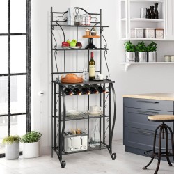 Honhorrs 5-Tier Kitchen Baker's Rack with Wooden Worktop, 4 Metal Shelves and 5-Bottle Wine Rack