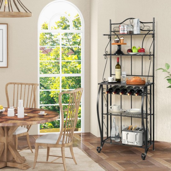 Honhorrs 5-Tier Kitchen Baker's Rack with Wooden Worktop, 4 Metal Shelves and 5-Bottle Wine Rack