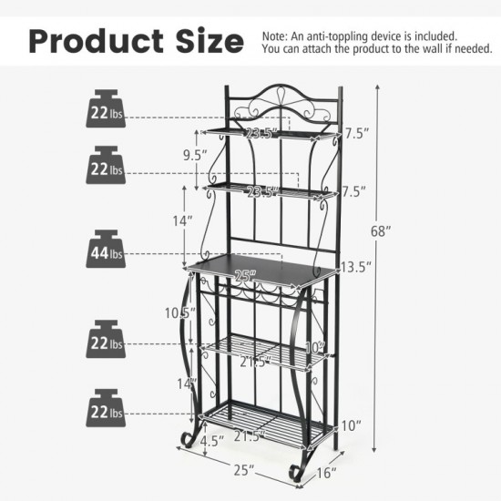 Honhorrs 5-Tier Kitchen Baker's Rack with Wooden Worktop, 4 Metal Shelves and 5-Bottle Wine Rack