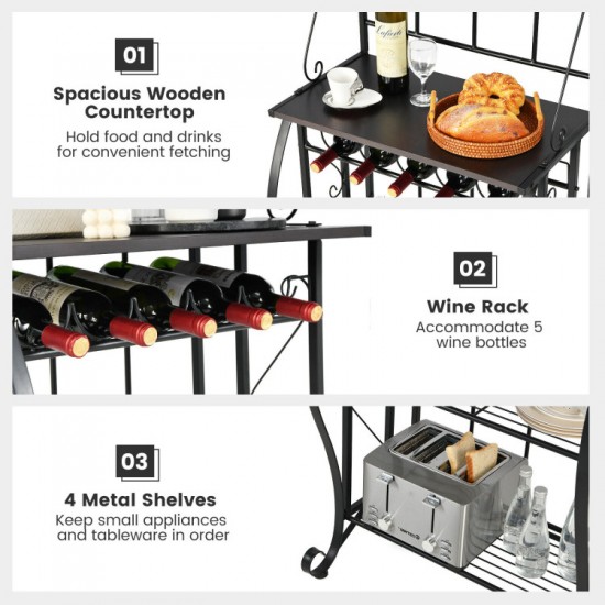 Honhorrs 5-Tier Kitchen Baker's Rack with Wooden Worktop, 4 Metal Shelves and 5-Bottle Wine Rack