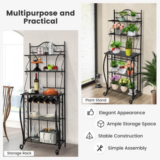Honhorrs 5-Tier Kitchen Baker's Rack with Wooden Worktop, 4 Metal Shelves and 5-Bottle Wine Rack