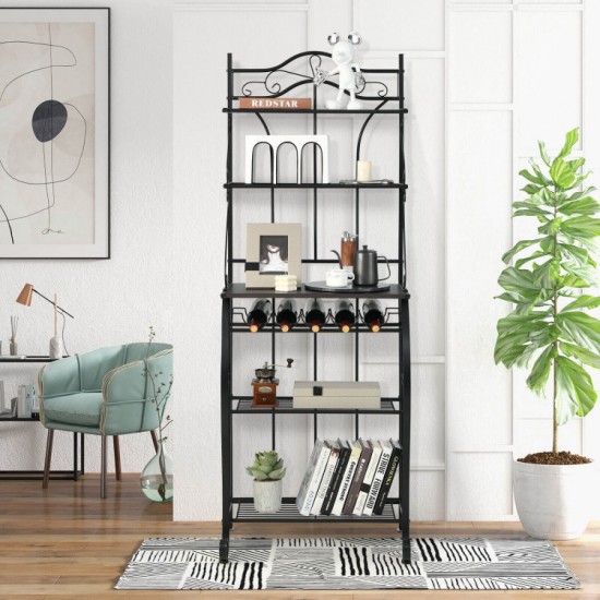 Honhorrs 5-Tier Kitchen Baker's Rack with Wooden Worktop, 4 Metal Shelves and 5-Bottle Wine Rack