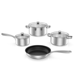 Honhorrs 7-Piece Stainless Steel Cookware Set with 3 Covered Pots, 9.5-Inch Fry Pan and Glass Lids