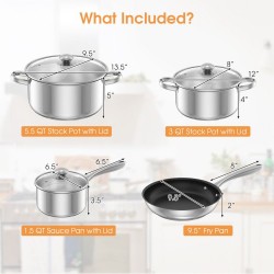 Honhorrs 7-Piece Stainless Steel Cookware Set with 3 Covered Pots, 9.5-Inch Fry Pan and Glass Lids