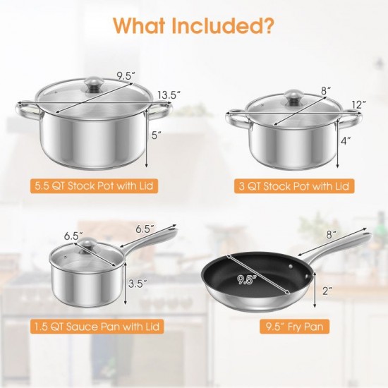 Honhorrs 7-Piece Stainless Steel Cookware Set with 3 Covered Pots, 9.5-Inch Fry Pan and Glass Lids