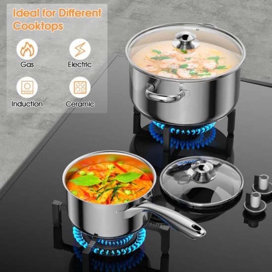 Honhorrs 7-Piece Stainless Steel Cookware Set with 3 Covered Pots, 9.5-Inch Fry Pan and Glass Lids