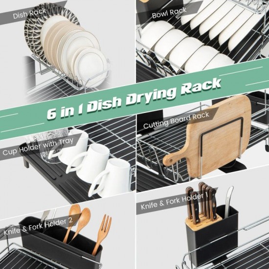 Honhorrs Two-Tier Dish Rack, Extendable Sink-Fitting Upper Level with Drainboard and Rotating Spout