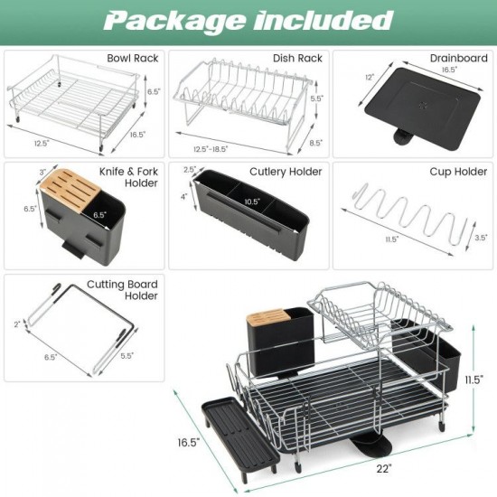 Honhorrs Two-Tier Dish Rack, Extendable Sink-Fitting Upper Level with Drainboard and Rotating Spout