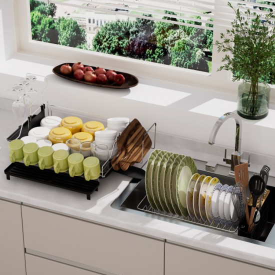 Honhorrs 2-Tier Detachable Dish Drying Rack with Cutlery Holder and Dedicated Cutting Board Slot