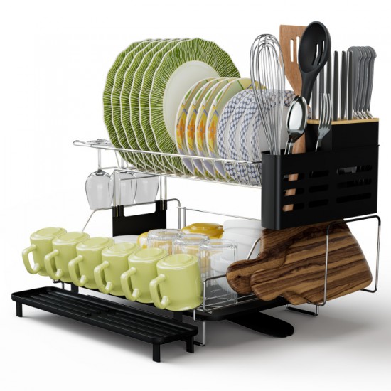 Honhorrs 2-Tier Detachable Dish Drying Rack with Cutlery Holder and Dedicated Cutting Board Slot