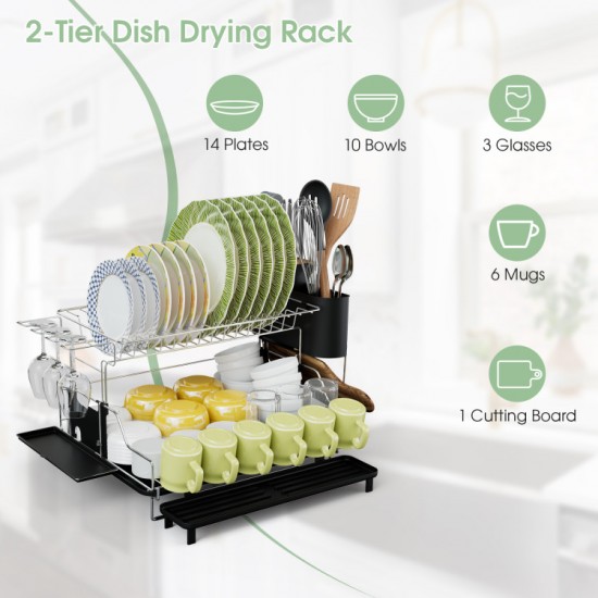 Honhorrs 2-Tier Detachable Dish Drying Rack with Cutlery Holder and Dedicated Cutting Board Slot