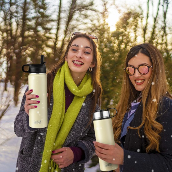 Honhorrs 22-Ounce Insulated Stainless Steel Bottle, Straw and Wide-Mouth Lids with a Carrying Handle