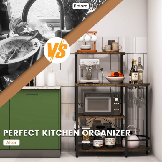 Honhorrs Four-Level Baker's Rack, Removable Upper Shelf with Six S-Hooks and Hanging Glass Storage