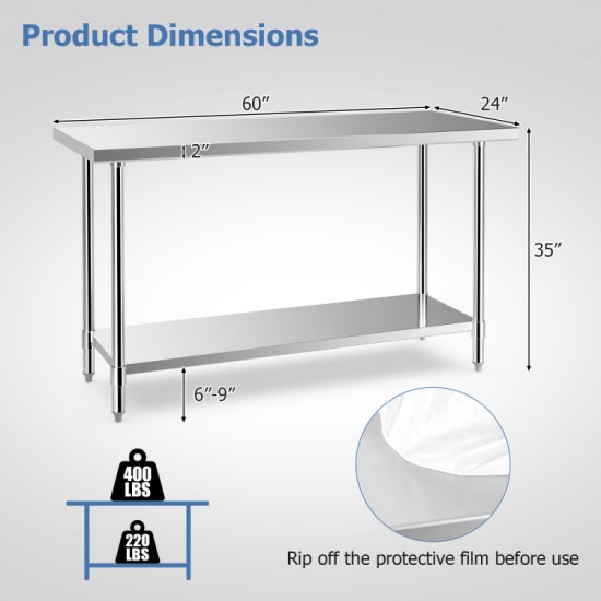 Honhorrs 24-by-60-Inch Stainless Prep Table, Adjustable Undershelf on Galvanized Legs with Foot Pads