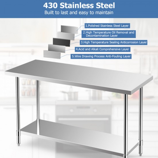 Honhorrs 24-by-60-Inch Stainless Prep Table, Adjustable Undershelf on Galvanized Legs with Foot Pads