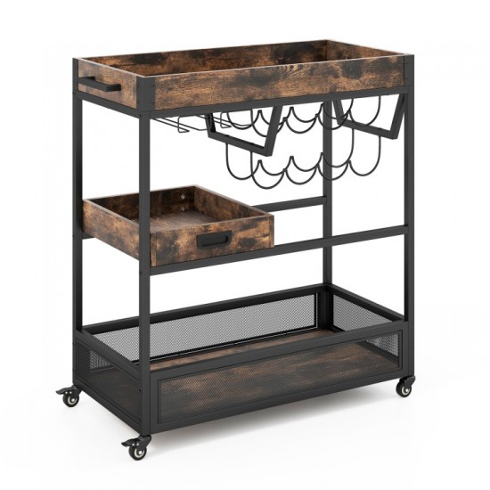 Honhorrs Three-Tier Serving Cart, Wine Rack and Two Stemware Holders with Braked Wheels and Handles