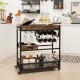 Honhorrs Three-Tier Serving Cart, Wine Rack and Two Stemware Holders with Braked Wheels and Handles