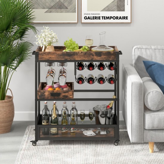 Honhorrs Three-Tier Serving Cart, Wine Rack and Two Stemware Holders with Braked Wheels and Handles