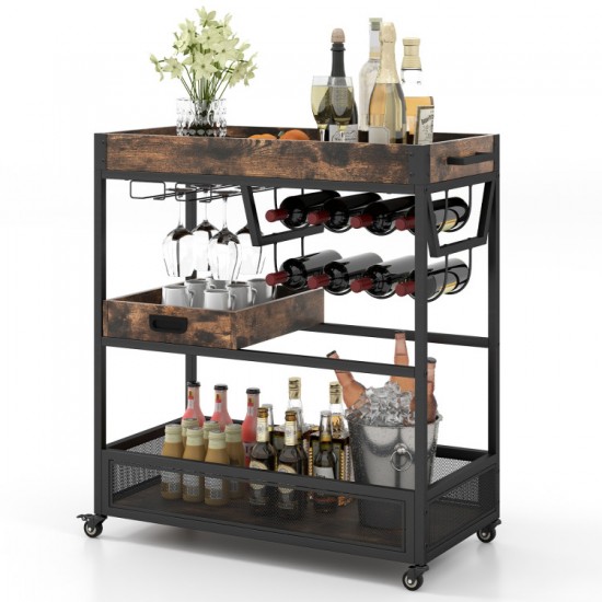 Honhorrs Three-Tier Serving Cart, Wine Rack and Two Stemware Holders with Braked Wheels and Handles