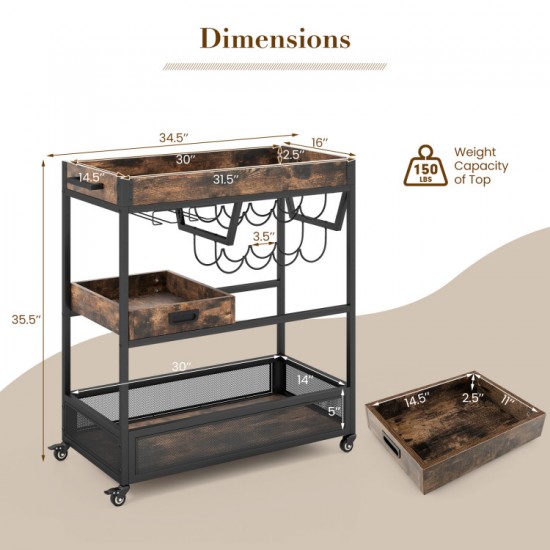 Honhorrs Three-Tier Serving Cart, Wine Rack and Two Stemware Holders with Braked Wheels and Handles