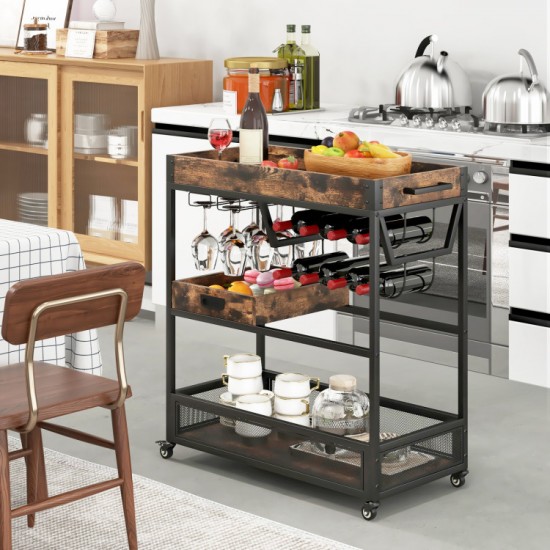 Honhorrs Three-Tier Serving Cart, Wine Rack and Two Stemware Holders with Braked Wheels and Handles