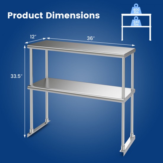 Honhorrs 36 x 12 Inch Two-Tier Stainless Steel Kitchen Overshelf with Adjustable Lower Shelf
