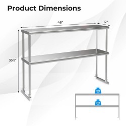 XVX 48 x 12 Inch Two-Tier Stainless Steel Kitchen Overshelf with Adjustable Lower Shelf