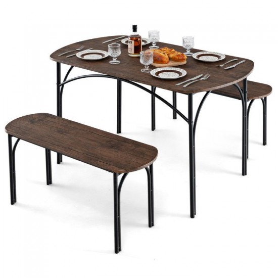 Honhorrs Three-Piece Dining Set for Four, Two Tuck-Under Benches and Veneered Table on Metal Frames