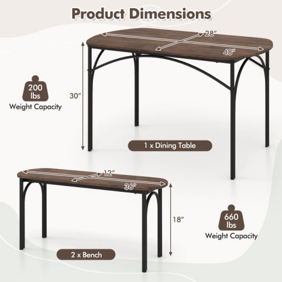 Honhorrs Three-Piece Dining Set for Four, Two Tuck-Under Benches and Veneered Table on Metal Frames