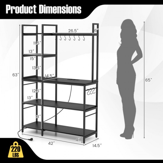 Honhorrs 5-Tier Kitchen Baker's Rack with Charging Station, 10 S-Hooks and Adjustable Foot Pads