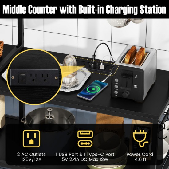 Honhorrs 5-Tier Kitchen Baker's Rack with Charging Station, 10 S-Hooks and Adjustable Foot Pads
