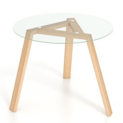 Honhorrs 36-Inch Round Glass Dining Table, Rubberwood Frame and Triangular Support for Four Seats