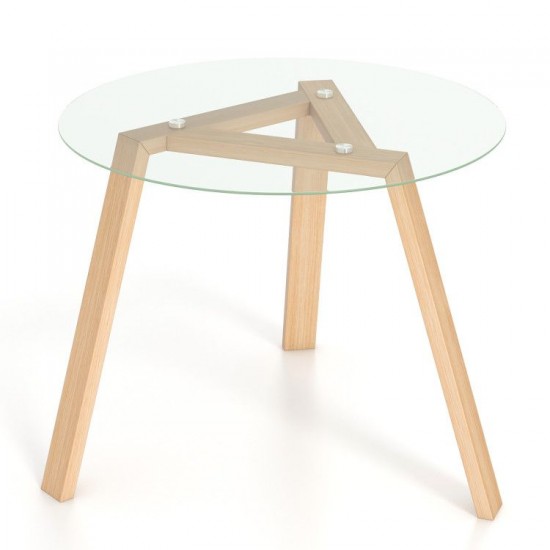 Honhorrs 36-Inch Round Glass Dining Table, Rubberwood Frame and Triangular Support for Four Seats