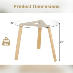 Honhorrs 36-Inch Round Glass Dining Table, Rubberwood Frame and Triangular Support for Four Seats